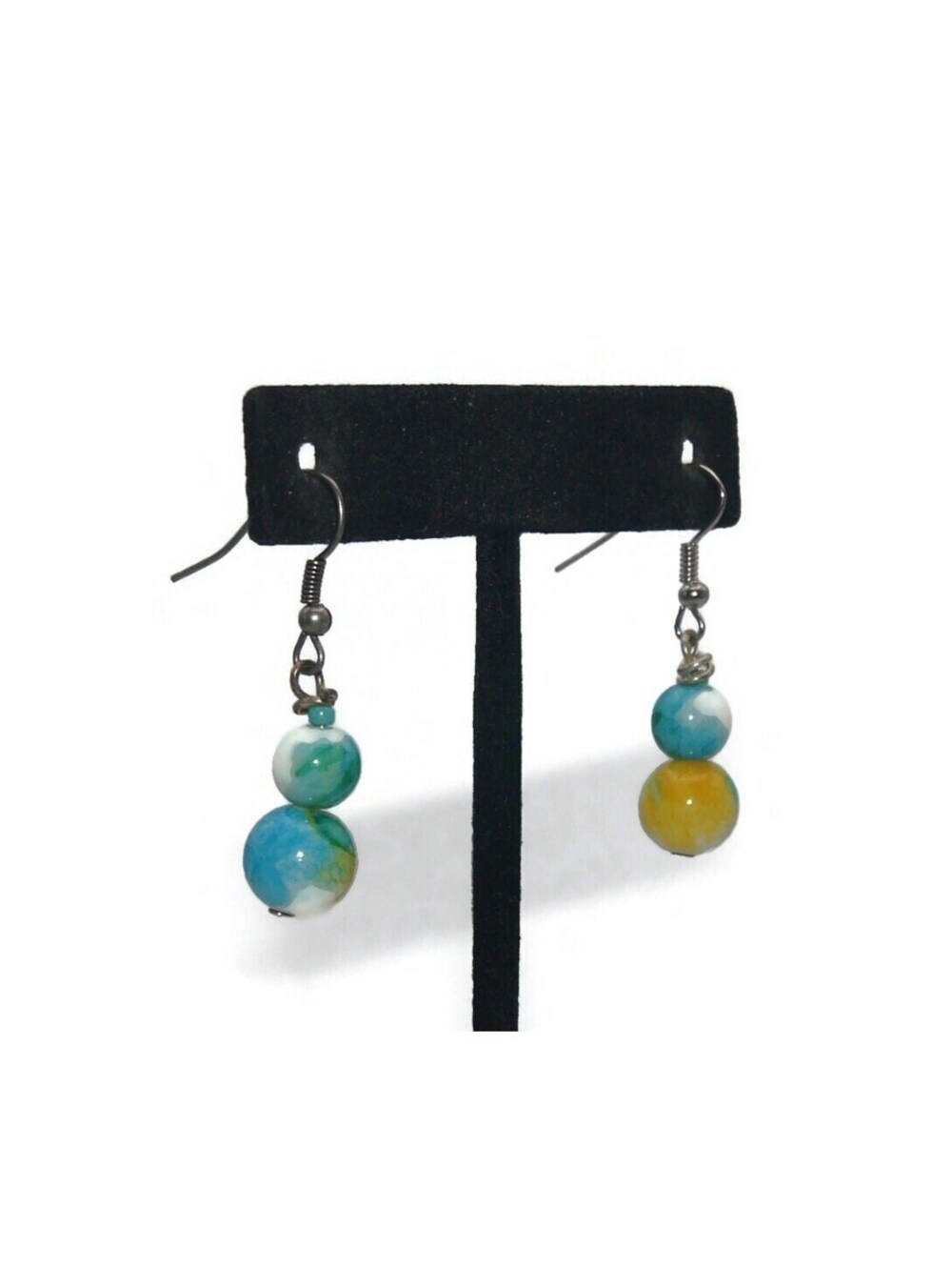 Vintage Blue, Yellow & Green Marbled Resin Ball Beads Dangle Earrings.